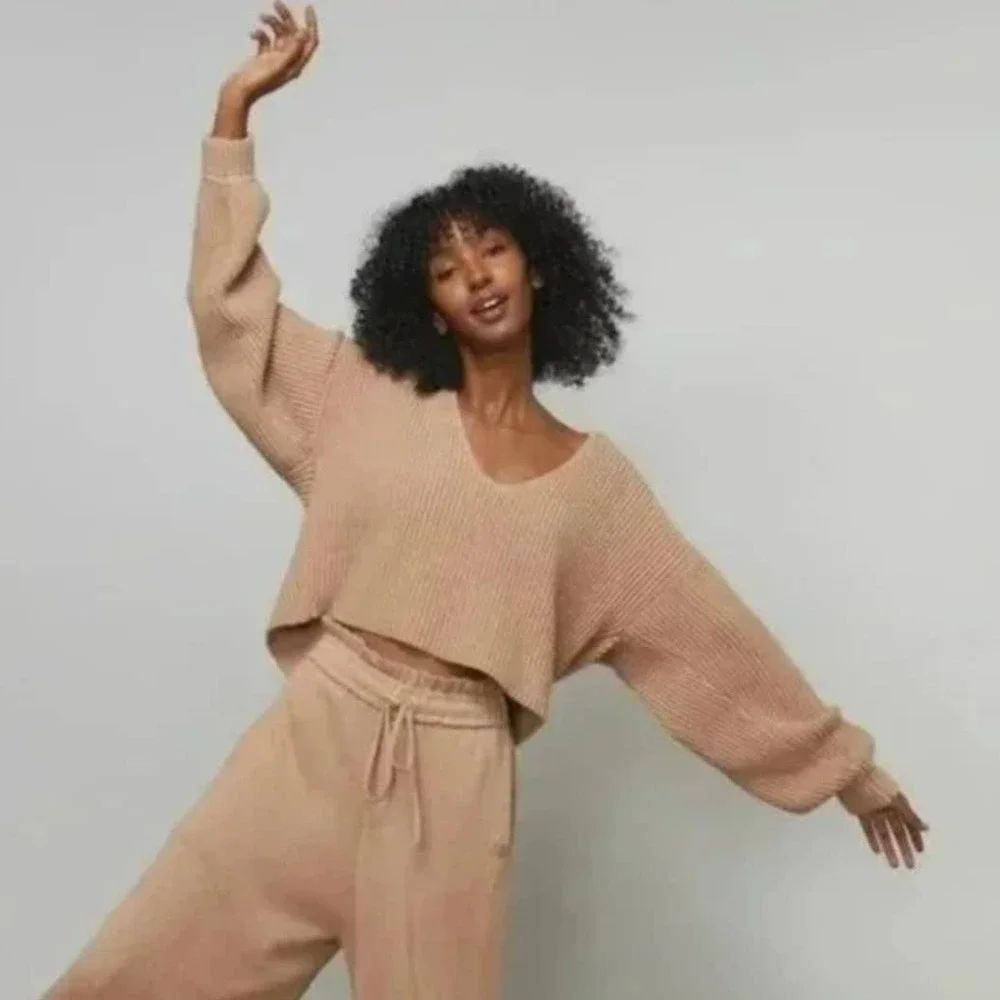 Lunya Cozy Cotton Silk Reversible Ribbed Pullover Sweater In Tranquil Tan XL New - Picture 4 of 16